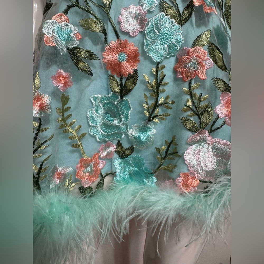 New small aqua embroidered floral dress boho iHR mini flower spring tea cottage - Picture 2 of 5